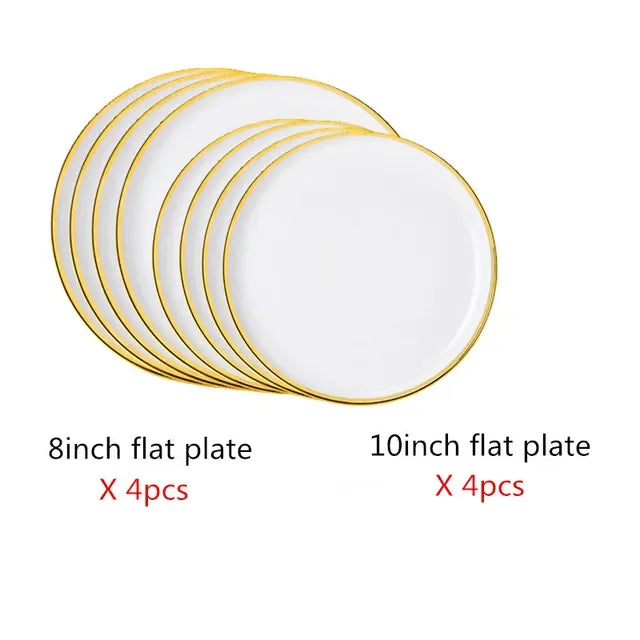 Bright White And Pink With Gold Porcelain Plates Kitchen Dinner Plate Set Ceramics Food Dishes Salad Noodles Bowl